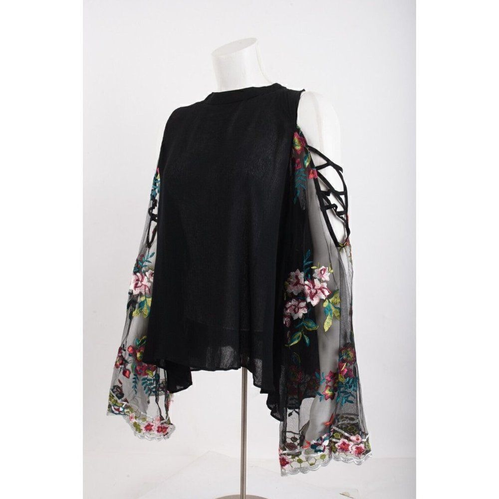 Umgee Womens Embroidered Shirt Blouse S Black Sheer Flared Long Sleeve NWT - Picture 3 of 6